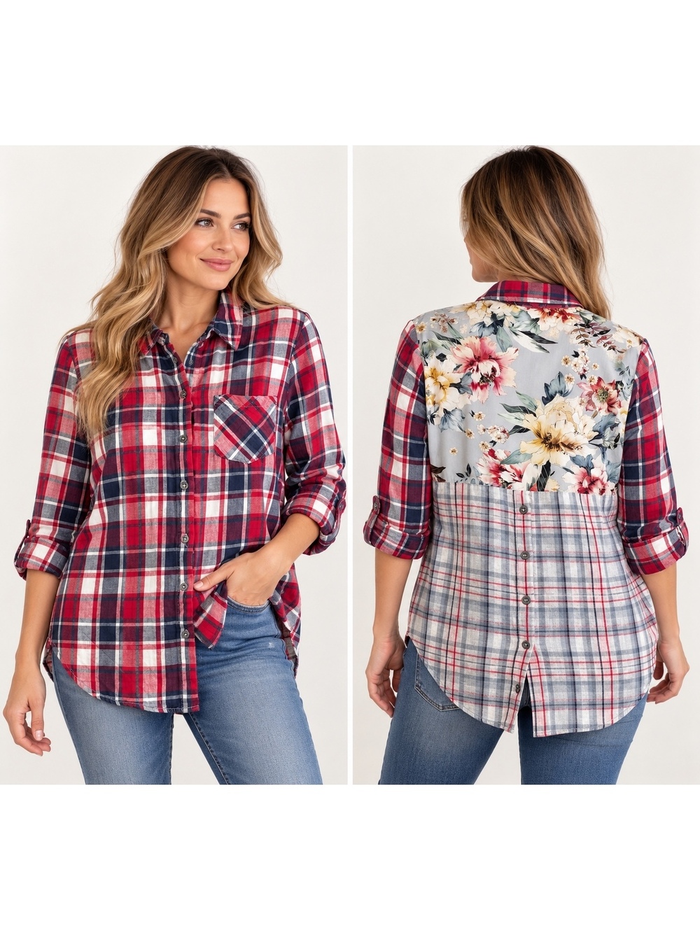 Tribal Jeans Plaid Floral Mixed Media Button Down Shirt M Cotton High Low